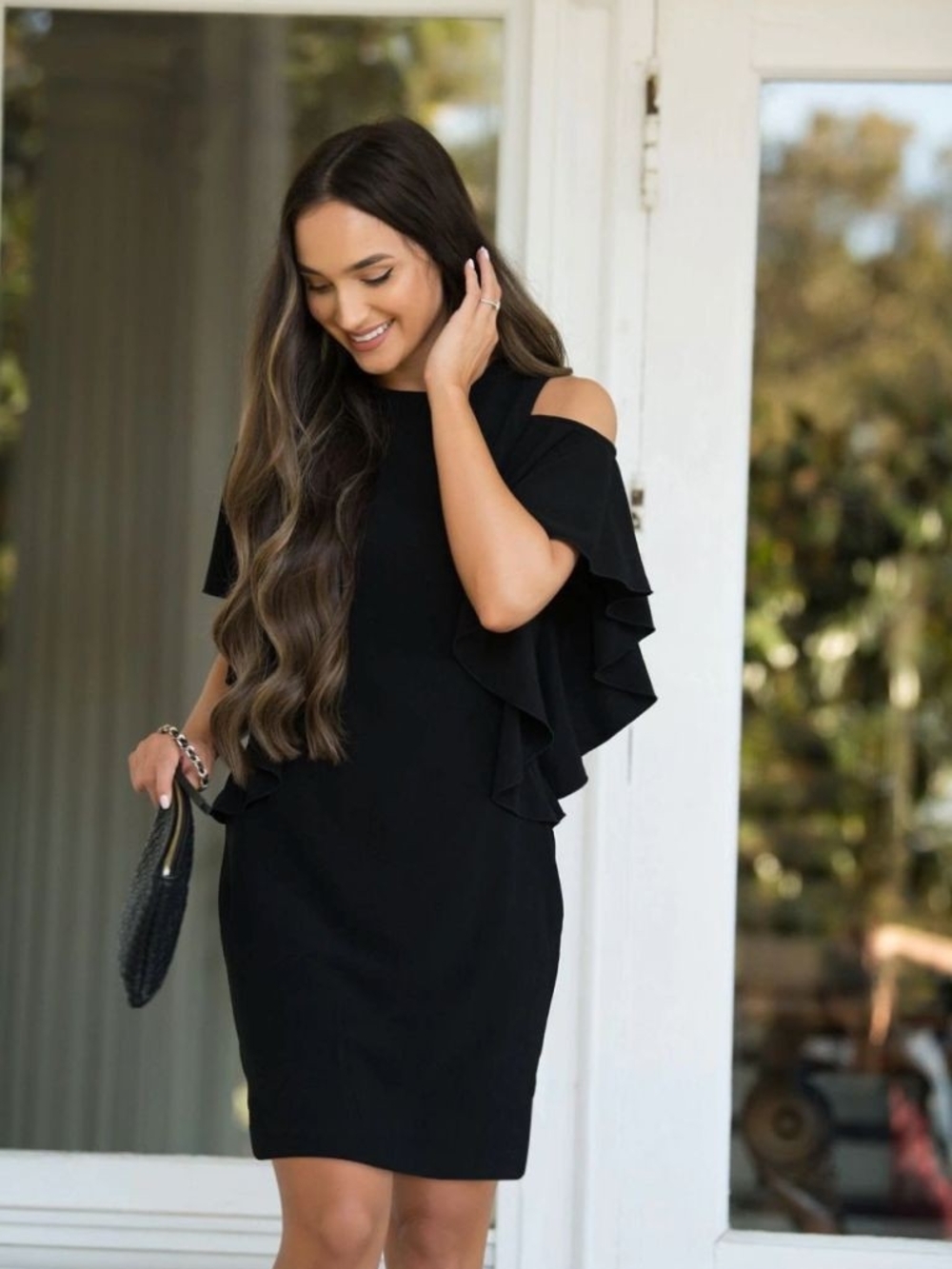 Nursing Queen Black Off-the-Shoulder Ruffle Sleeve Zip Dress